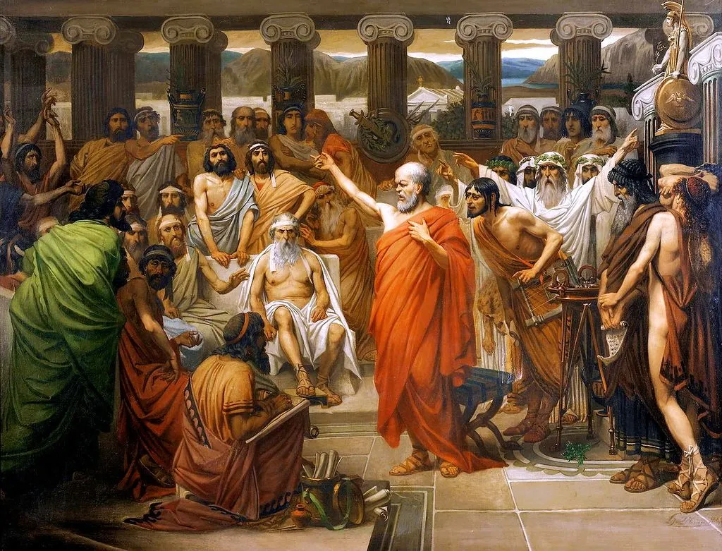Socrates stands addressing a group of attentive listeners in an ancient Greek setting, with classical architecture in the background and a thoughtful, serious atmosphere